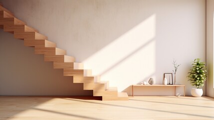 Wooden minimalistic stairs in pure big space 8k,