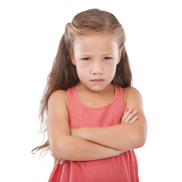 Child, arms crossed and angry portrait with upset or frustrated, grumpy tantrum and moody attitude. Young girl, cross face and body language with emotions, isolated and transparent png background