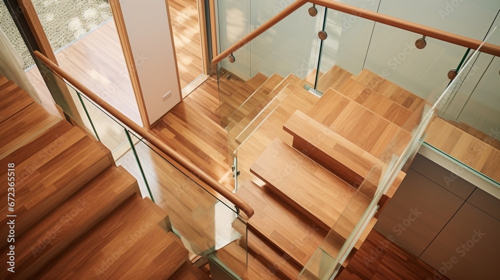 Wall mural Wooden staircase with glass railings and wooden handrail. View from above 8k, - Wall murals