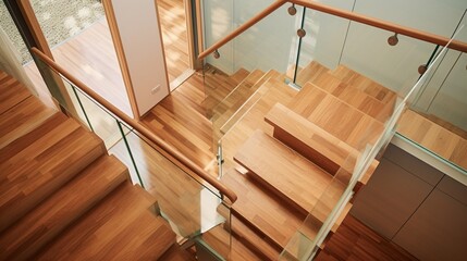 Wooden staircase with glass railings and wooden handrail. View from above 8k,