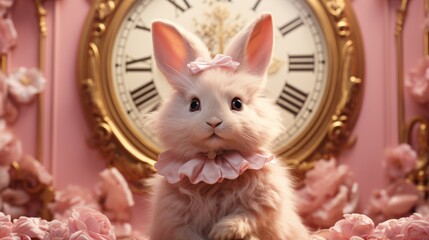 little pink rabbit on big clock background ai generated