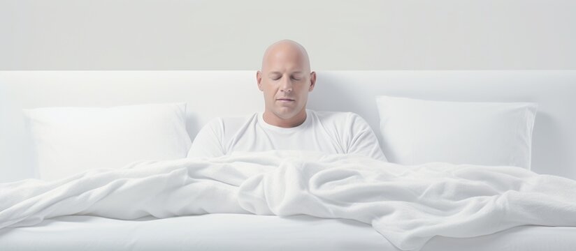 A man rest, lying down, sleeping in white bed at home. AI generated image