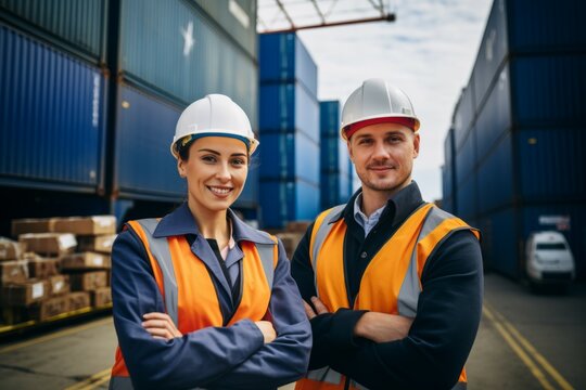 workers of large industrial plant or factory standing in front of camera and looking at you while crossing arms by chest