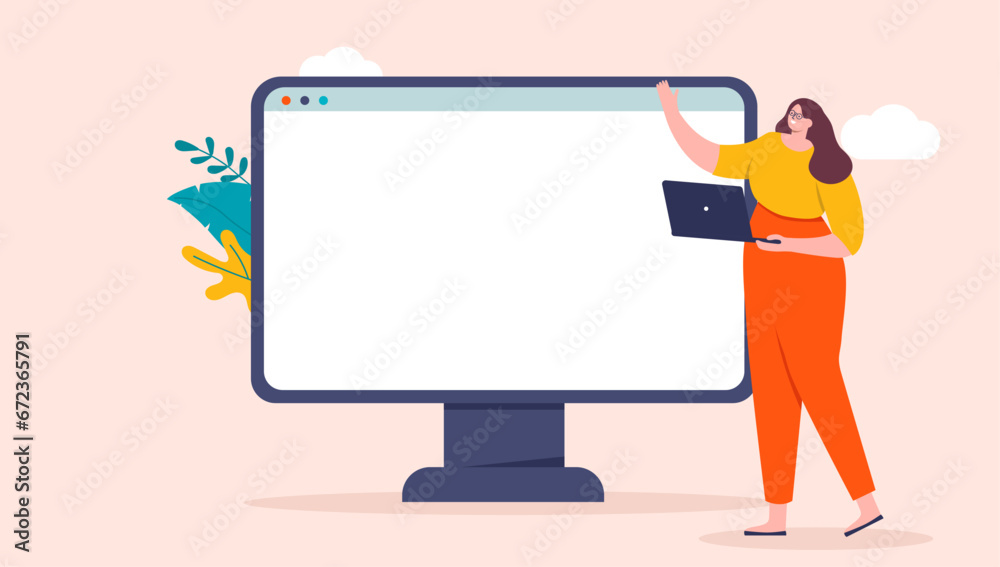 Poster Woman and blank computer screen - Vector illustration of smiling businesswoman with laptop presenting on empty monitor. Flat design cartoon style vector illustration