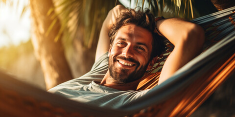 A Relaxed man rests lying in a hammock