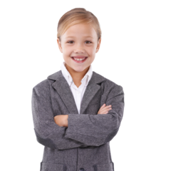 Portrait of child in business suit, arms crossed and smile for future career isolated on transparent png background. Happy kid, little businesswoman and pretend professional girl in dream job clothes