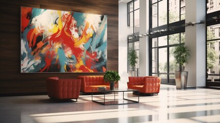 Corporate lobby with colorful art on the wall to delight visitors