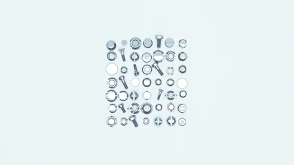 Fotobehang Neutral colour screws bolts nut off white grey background 3d illustration render digital rendering © paul