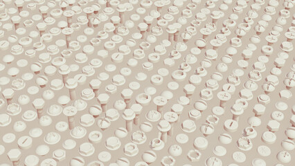Beige neutral colour screws bolts nut components soft tones off white shades 3d illustration render digital rendering