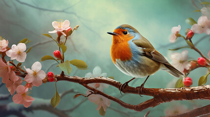 robin bird on branch with flovers - obrazy, fototapety, plakaty