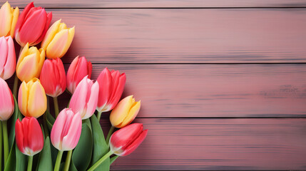  a bouquet of pink and yellow tulips on a wooden background.  generative ai