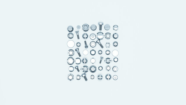 Neutral colour screws bolts nut off white grey background 3d illustration render digital rendering