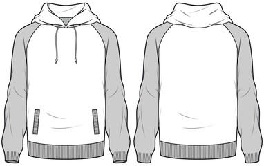 Raglan sleeve Hoodie jacket design flat sketch Illustration, Hooded sweater jacket with front and back view, winter jacket for Men and women. for hiker, outerwear and workout in winter © Fathima Flats