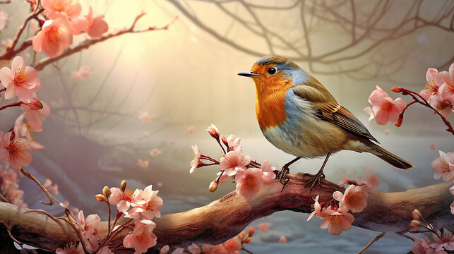 robin bird on branch with flovers
