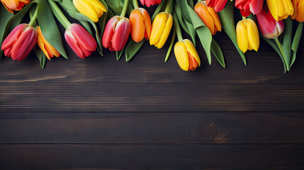  a bunch of colorful tulips on a wooden surface.  generative ai