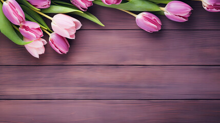  a bunch of pink tulips on a wooden table.  generative ai
