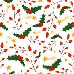 Botanical Christmas pattern. Flat style. Christmas plant elements - holly leaves, thorn berries. Golden falling stars. Bright shades of red, green, yellow. For textiles, wallpaper, packaging paper.