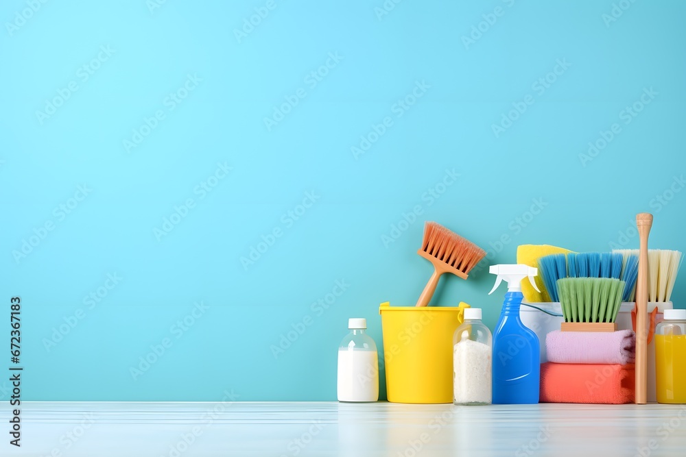 Wall mural Set of cleaning equipment on blue background.