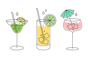 A set of linear drawings of refreshing fruit cocktails with different drinks, ice cubes, straws and umbrellas. Drinks icons, cafe menu, vector