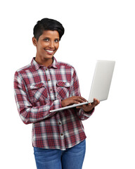 Laptop, portrait and happy woman typing internet information, online shopping or search website blog, media or web. Computer, happiness and Indian person check email on transparent, png background
