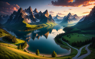 Beautiful landscape, mountains, rivers, sunset. AI