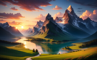 Beautiful landscape, mountains, rivers, sunset. AI