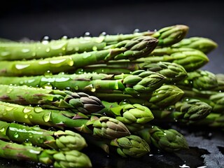 Closeup of ripe bunch of green asparagus with water drops