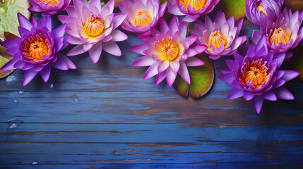  a bunch of purple water lilies on a blue wooden background.  generative ai