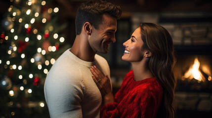 Young couple celebrates Christmas at their home with a Christmas tree in the background
