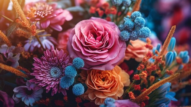 AI generated illustration of an arrangement of flowers featuring pink roses and blue chrysanthemums © Wirestock