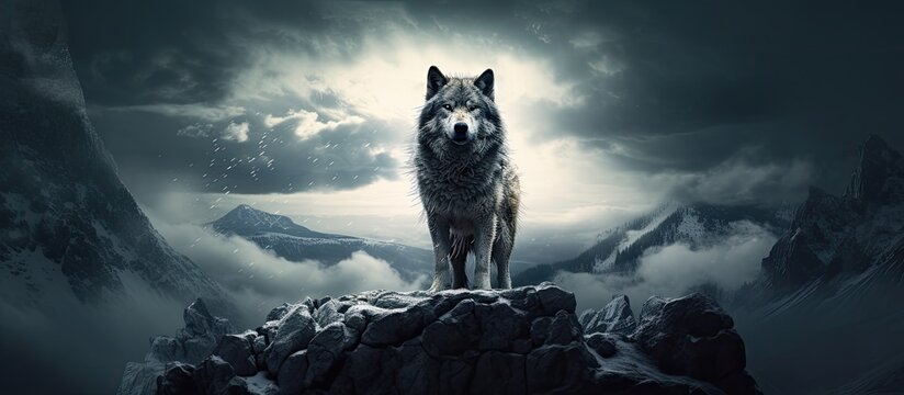 A picture edited to show a solo wolf under the moon