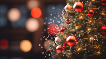 A close-up of golden and red Christmas ornaments hanging on a pine tree with a beautiful bokeh effect created by sparkling lights in the background.