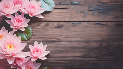  pink water lilies on a wooden surface with green leaves.  generative ai