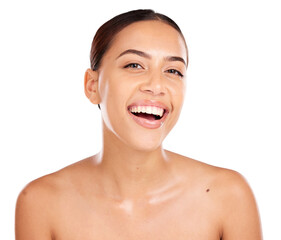 Beauty, skincare and smile with portrait of woman for glow, luxury and facial product isolated on a...
