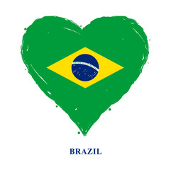 Vector Brazil flag in heart shape with grunge texture. Brazilian flag heart-shaped isolated on black background. Beautiful design country flag of Brazil for banner, poster, sticker, print. Vector