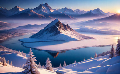 Beautiful winter mountain landscape. AI