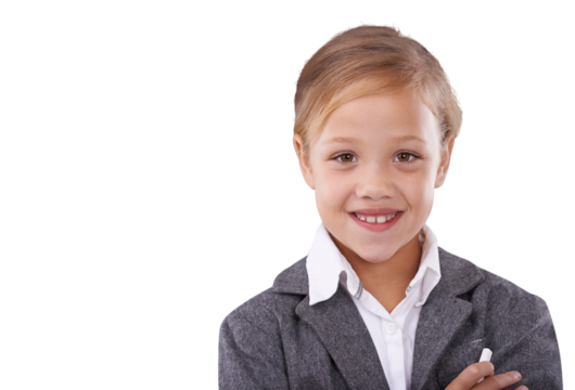 Portrait of girl child, pretend teacher and future career in education isolated on transparent png background. Happy kid, little professor and dream job with suit, smile and chalk for school lecture. - Powered by Adobe