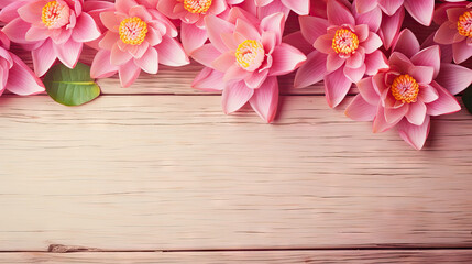  a bunch of pink flowers on a wooden surface with a place for text.  generative ai