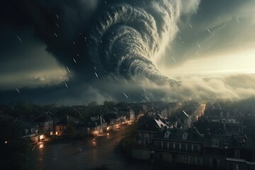 Dramatic thunderstorm tornado in Europe. natural disasters. destruction of cities by nature. disasters in the world. - obrazy, fototapety, plakaty