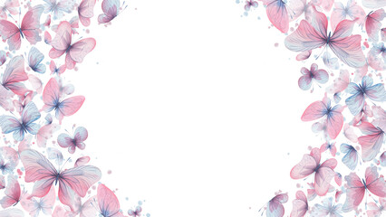 Butterflies are pink, blue, lilac, flying, delicate with wings and splashes of paint. Hand drawn watercolor illustration. Frame, banner, template on a white background, for design.