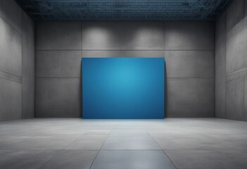 Perspective view of blank blue digital screen wall and concrete floor with square stand background 