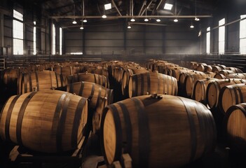 Whiskey bourbon scotch barrels in an aging facility