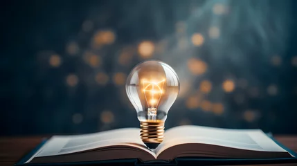 Foto op Plexiglas light bulb glowing on book, idea of ​​inspiration from reading, innovation idea concept, Self learning or education knowledge and business studying concept. © Prasanth