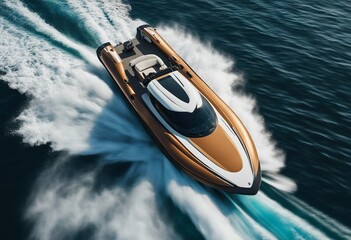 Aerial drone ultra-wide top-down photo with copy space of luxury rigid inflatable speed boat...