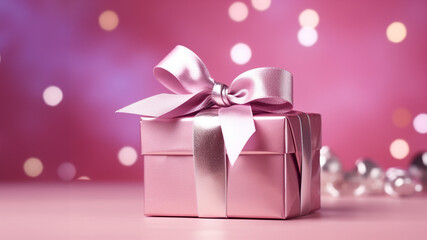 Holiday pink background with gift with satin bow. Valentine's Day, Women's Day, Mother's Day, Wedding, Christmas