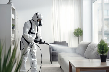 Faceless pest control worker in a protective suit sprays insect poison in a living room
