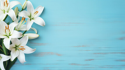  a bunch of white lilies on a blue wooden background.  generative ai