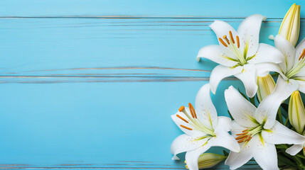  a bouquet of white lilies on a blue wooden background.  generative ai