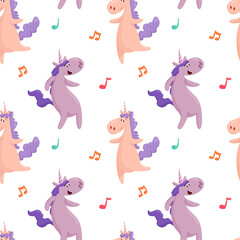 Vector pattern with unicorns and musical notes