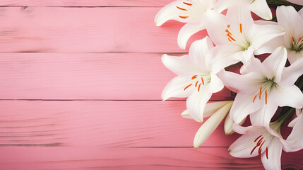  a bouquet of white lilies on a pink wooden background.  generative ai